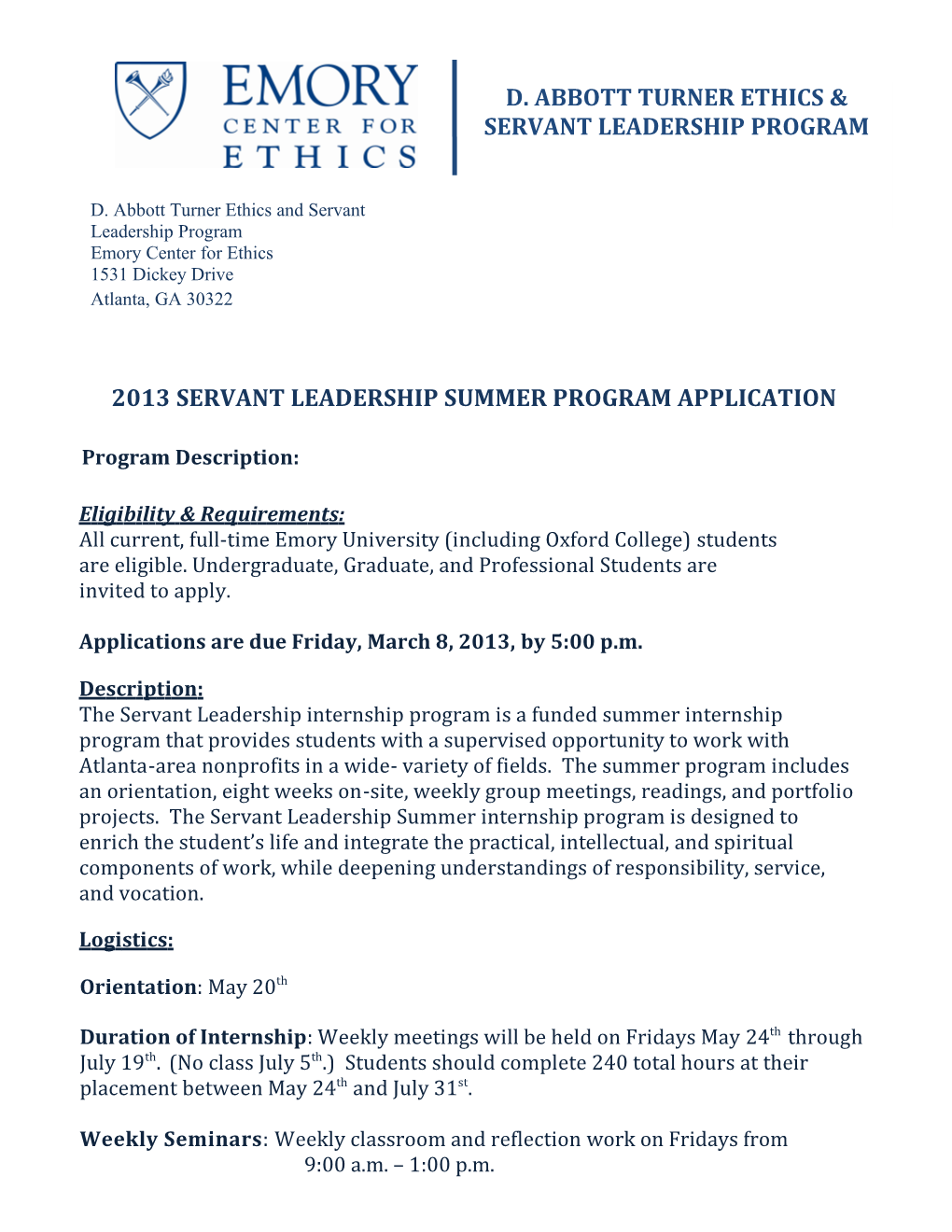 2013 Servant Leadership Summer Program Application