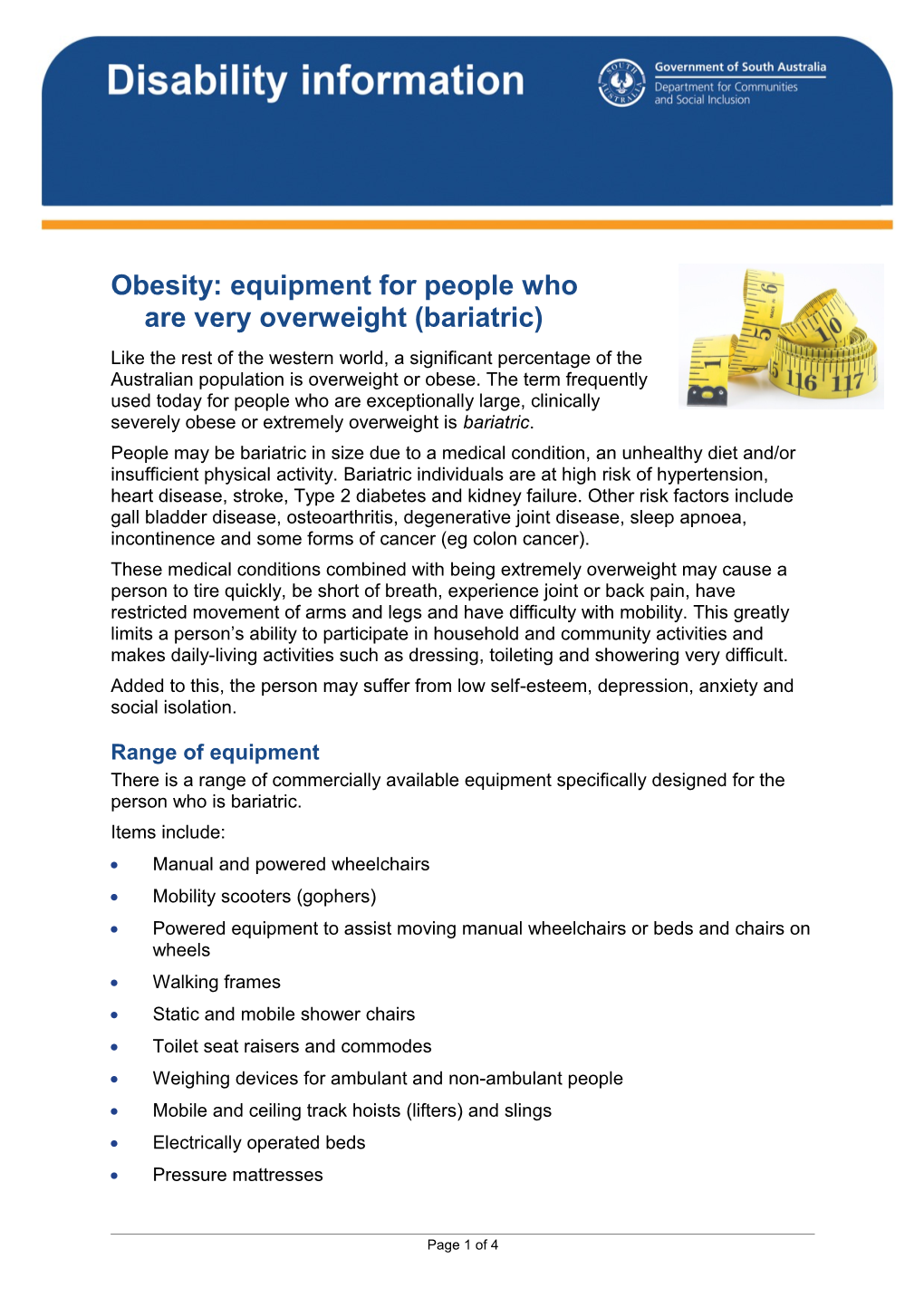 Obesity: Equipment for People Who Are Very Overweight (Bariatric)