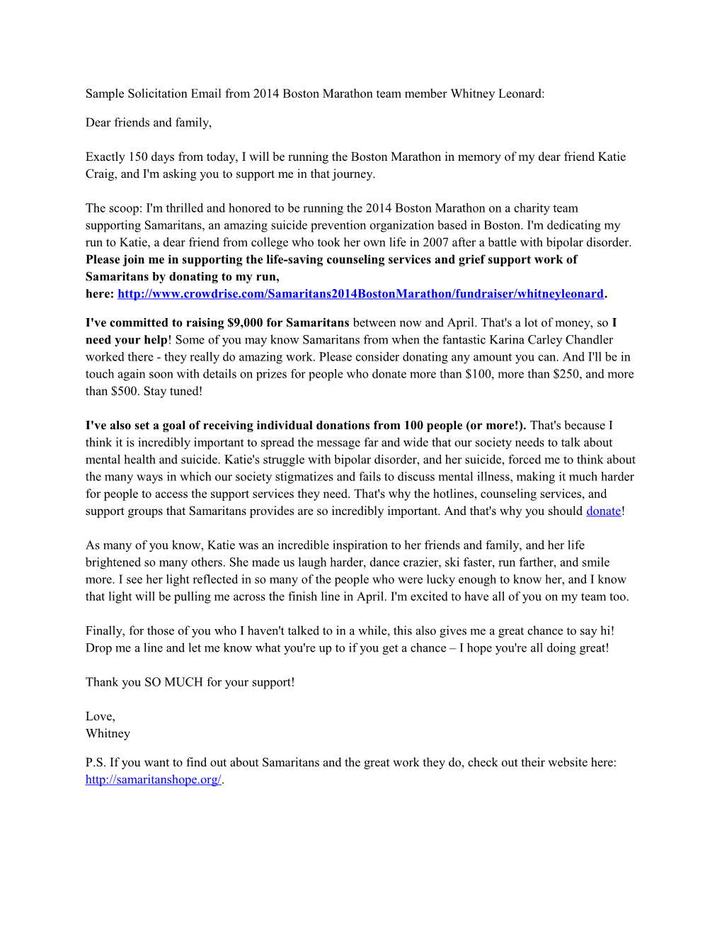 Sample Solicitation Email from 2014 Boston Marathon Team Member Whitney Leonard