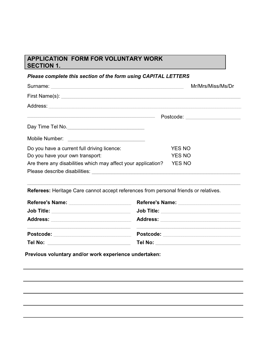 Application Form for Voluntary Work