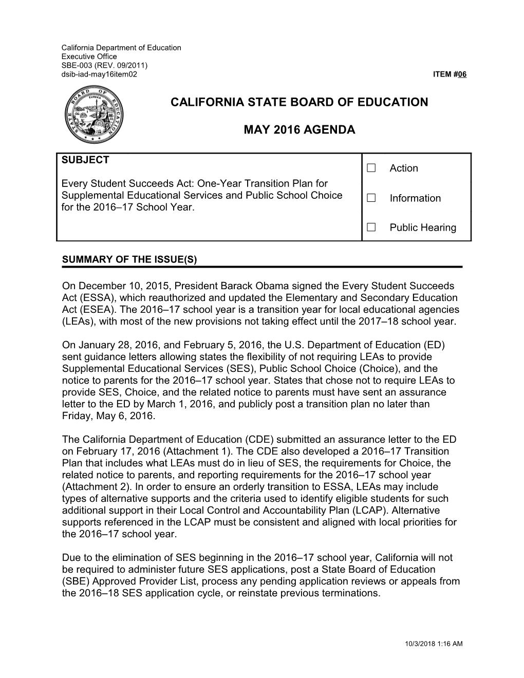 May 2016 Agenda Item 06 - Meeting Agendas (CA State Board of Education)