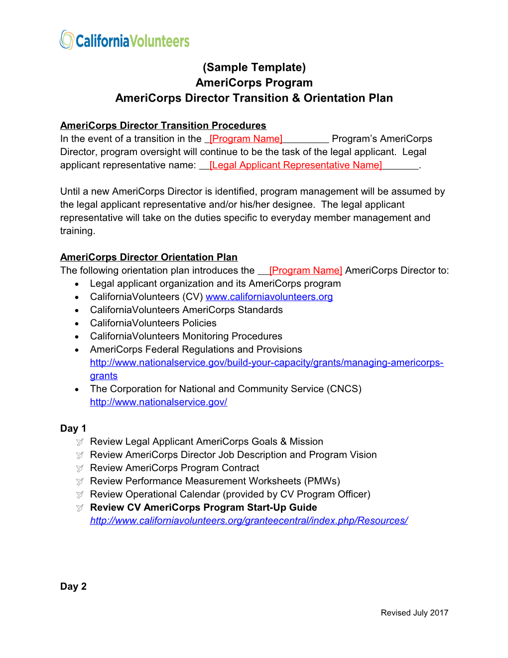 Americorps Director Transition & Orientation Plan
