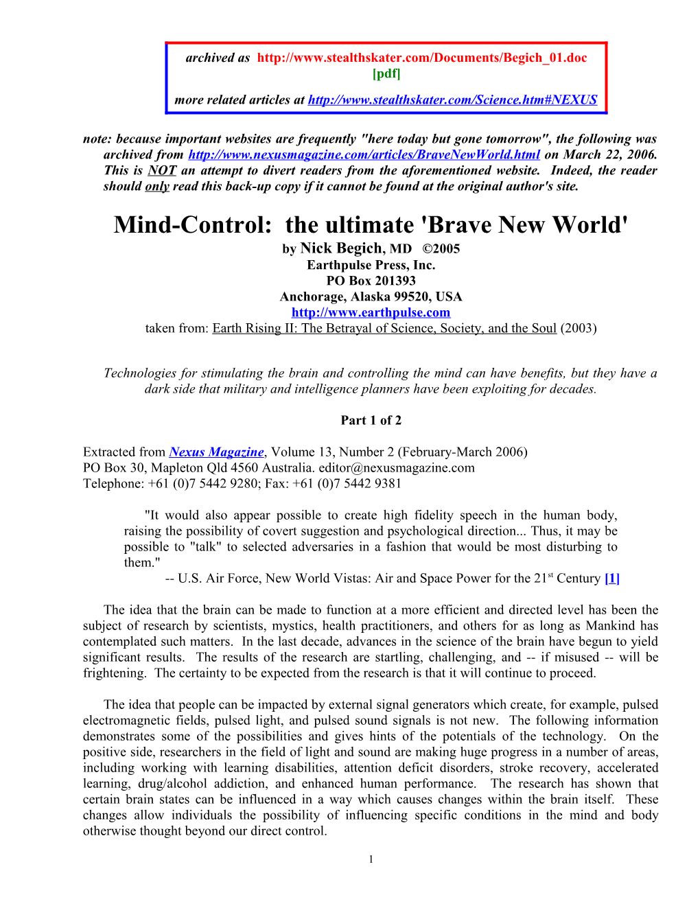 Mind-Control: the Ultimate 'Brave New World'