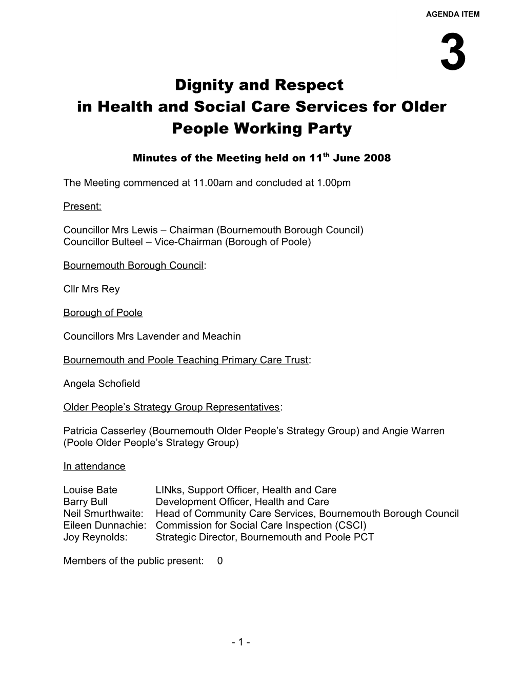 Minutes - Dignity and Respect in Health and Social Care Services for Older People Working