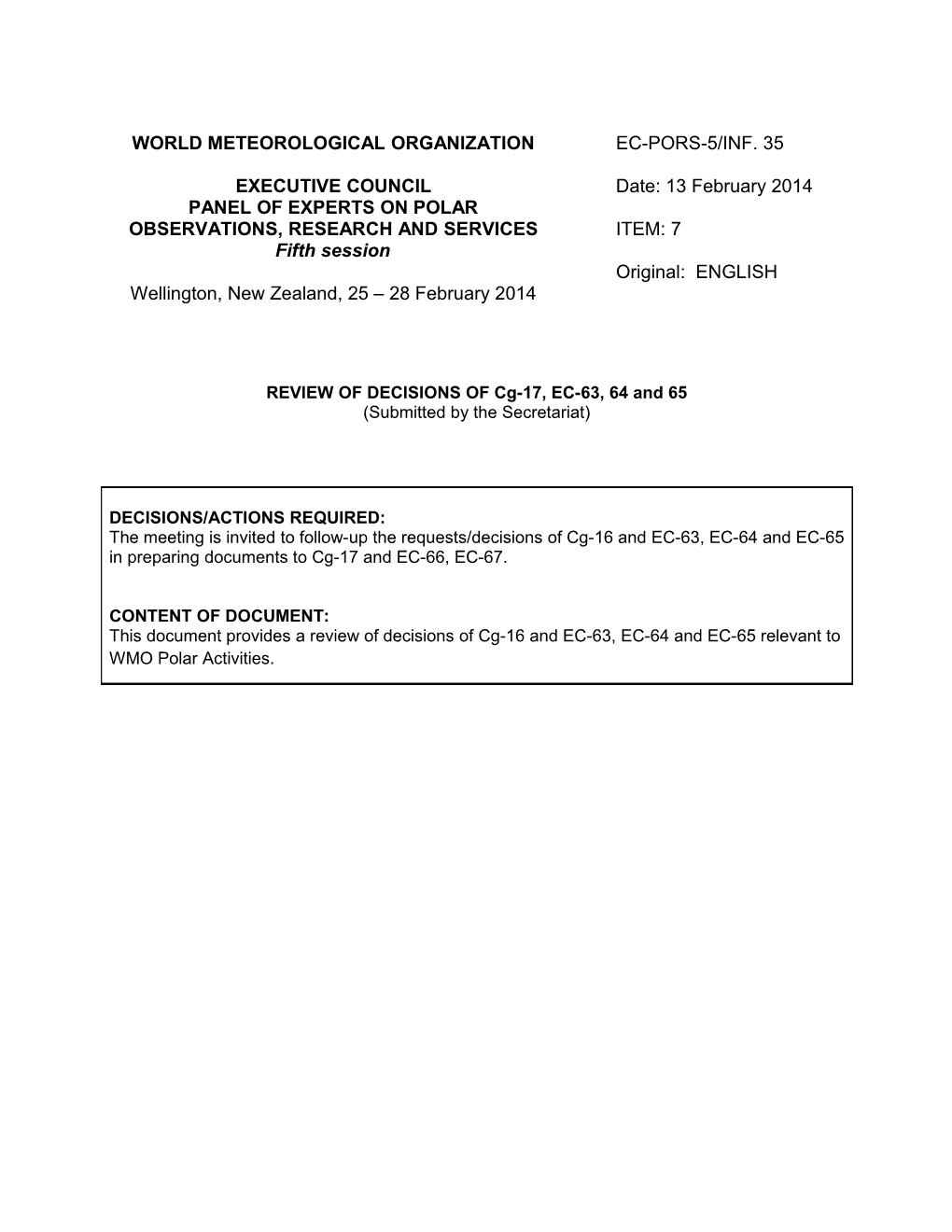 Decisions of Cg-17 & Ecs on PORS