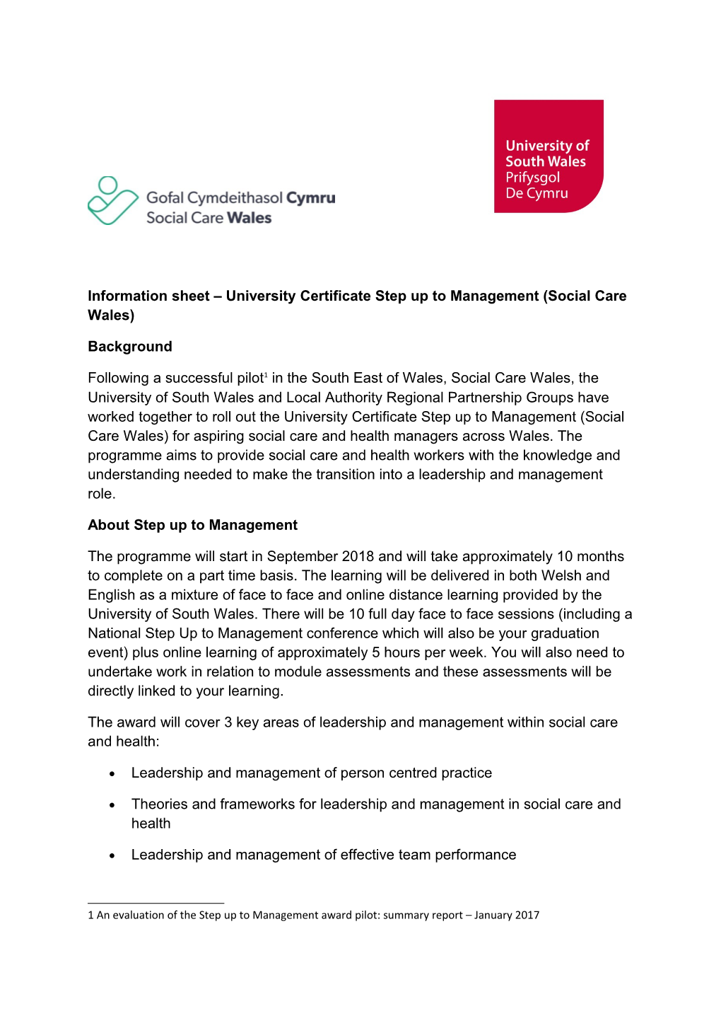 Information Sheet University Certificate Step up to Management (Social Care Wales)