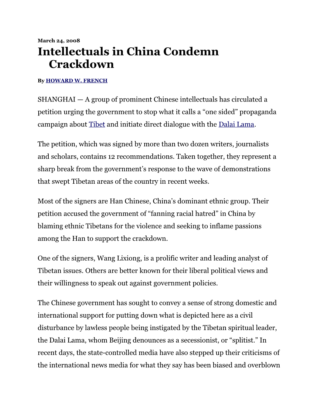 Intellectuals in China Condemn Crackdown