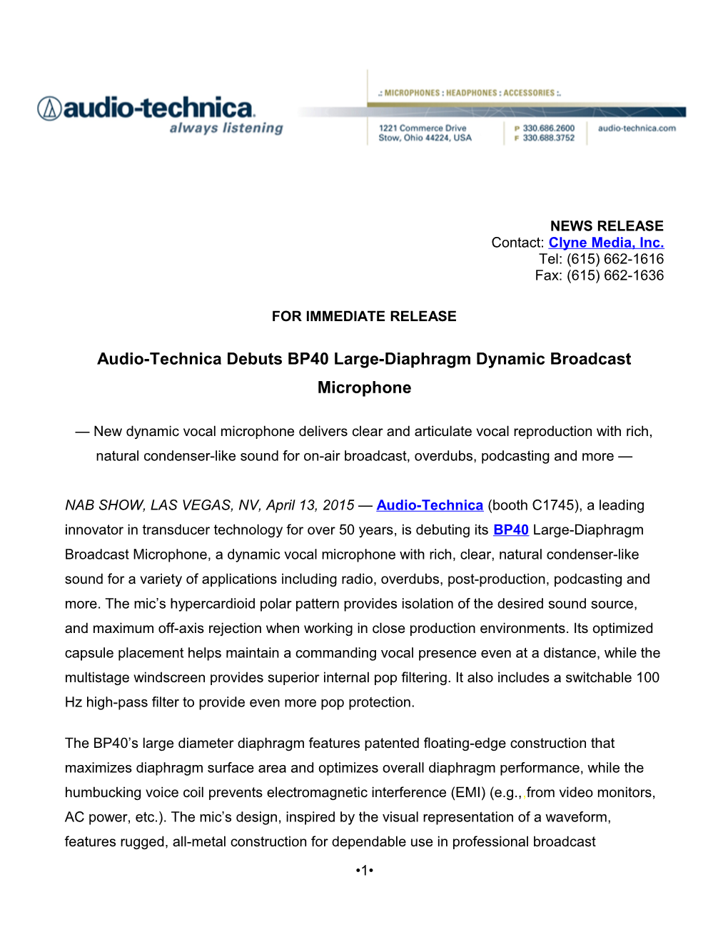 Audio-Technica Debuts BP40 Large-Diaphragm Dynamic Broadcast Microphone