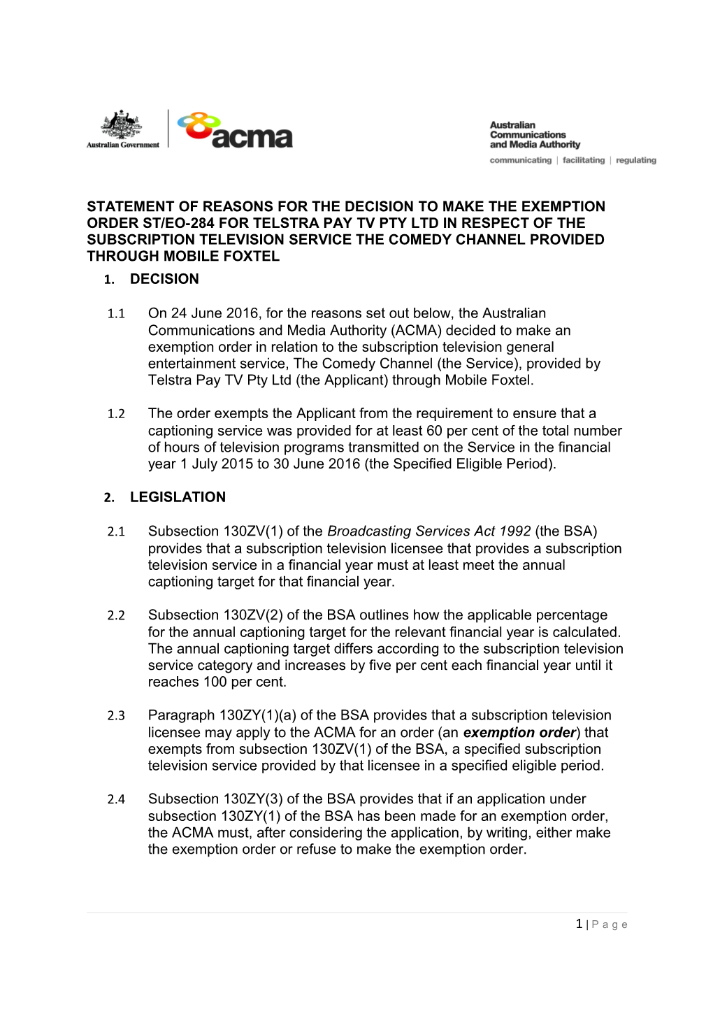 Statement of Reasons for the Decision to Make the Exemption Order St/Eo-284For Telstra