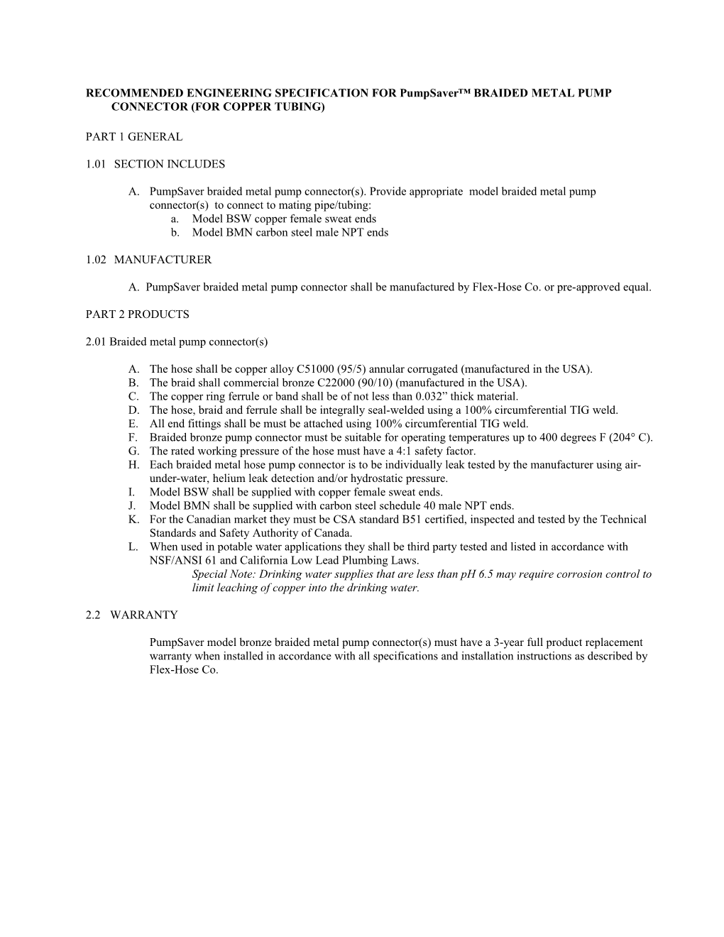 RECOMMENDED ENGINEERING SPECIFICATION for Pumpsaver BRAIDED METAL PUMP CONNECTOR (For COPPER