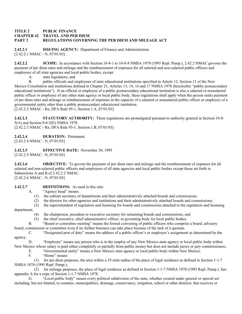 Part 2Regulations Governing the Per Diem and Mileage Act