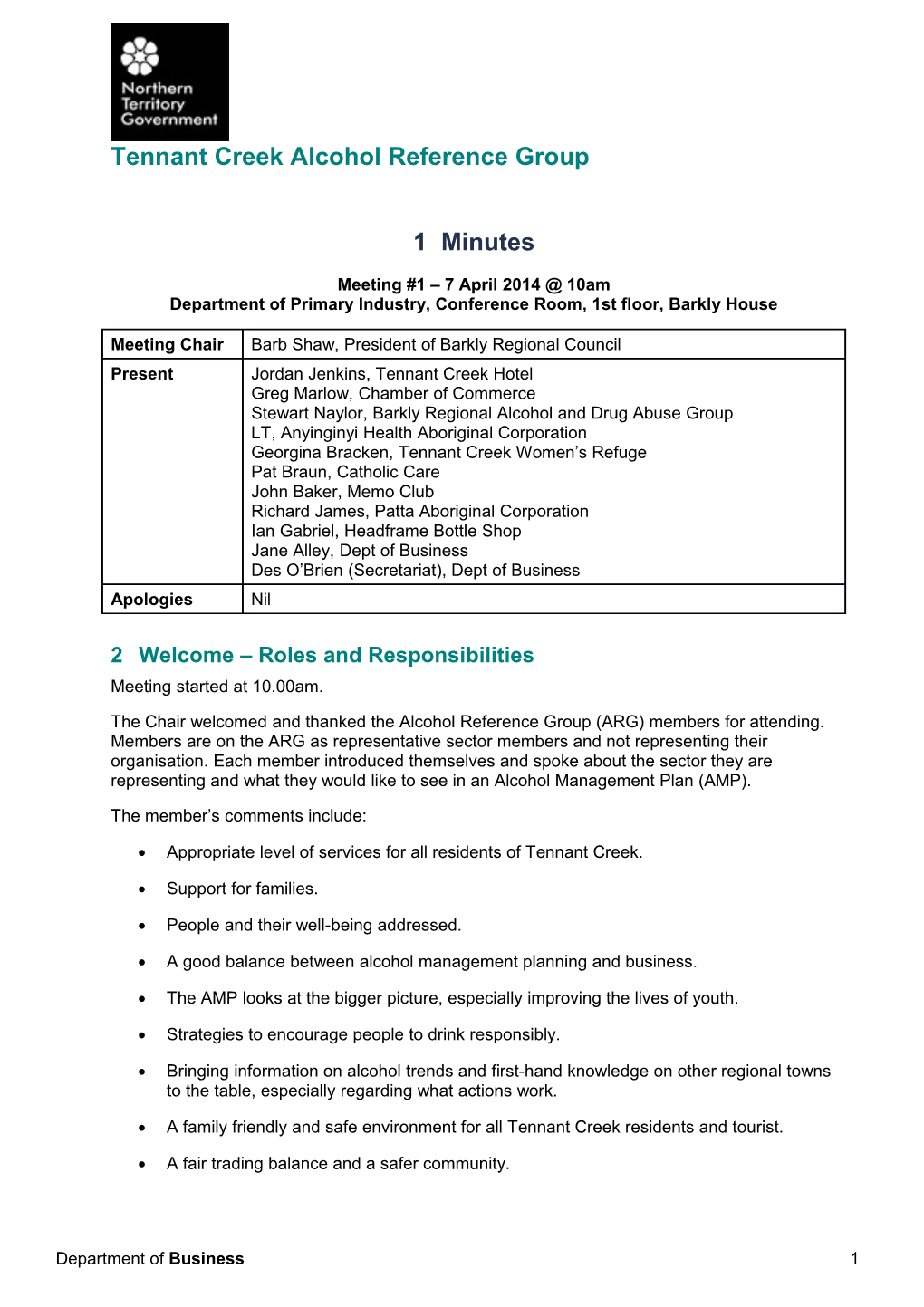 01 Tennant Creek Alcohol Reference Group - Meeting 1 Minutes 7 April 2014