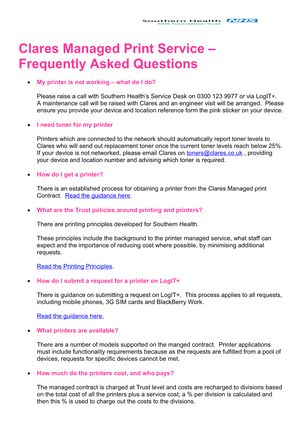 Clares Managed Print Service Frequently Asked Questions