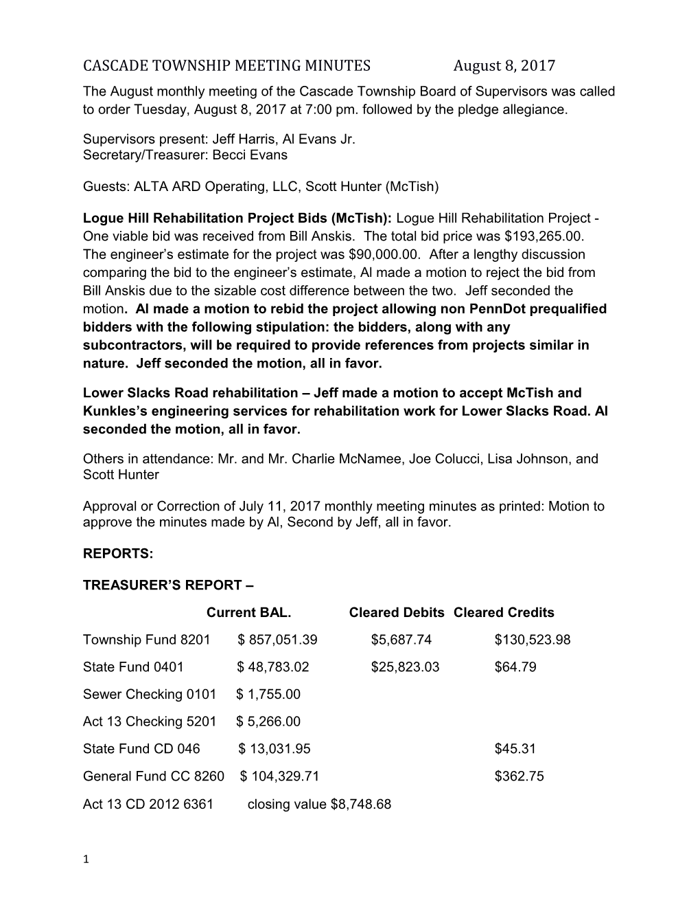 CASCADE TOWNSHIP MEETING MINUTES August 8, 2017