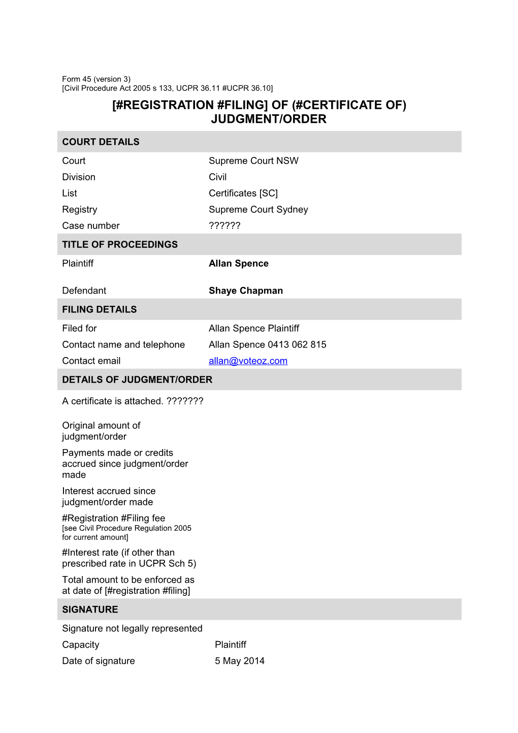 NSW UCPR Form 45 - Registration/Filing of Certificate of Judgment/Order