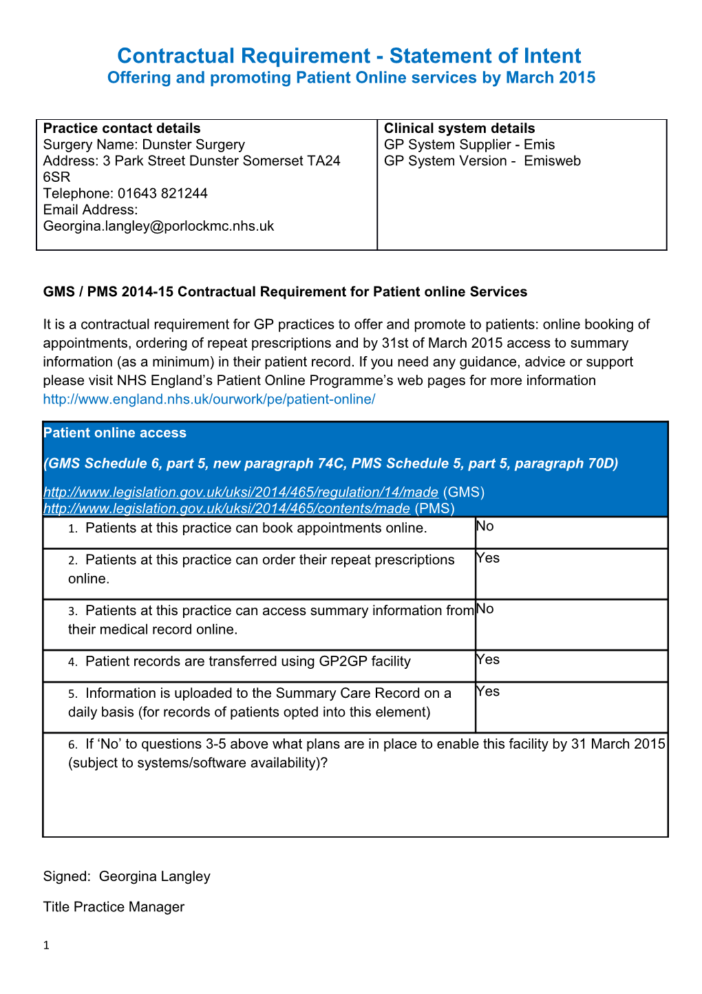 Contractual Requirement - Statement of Intent