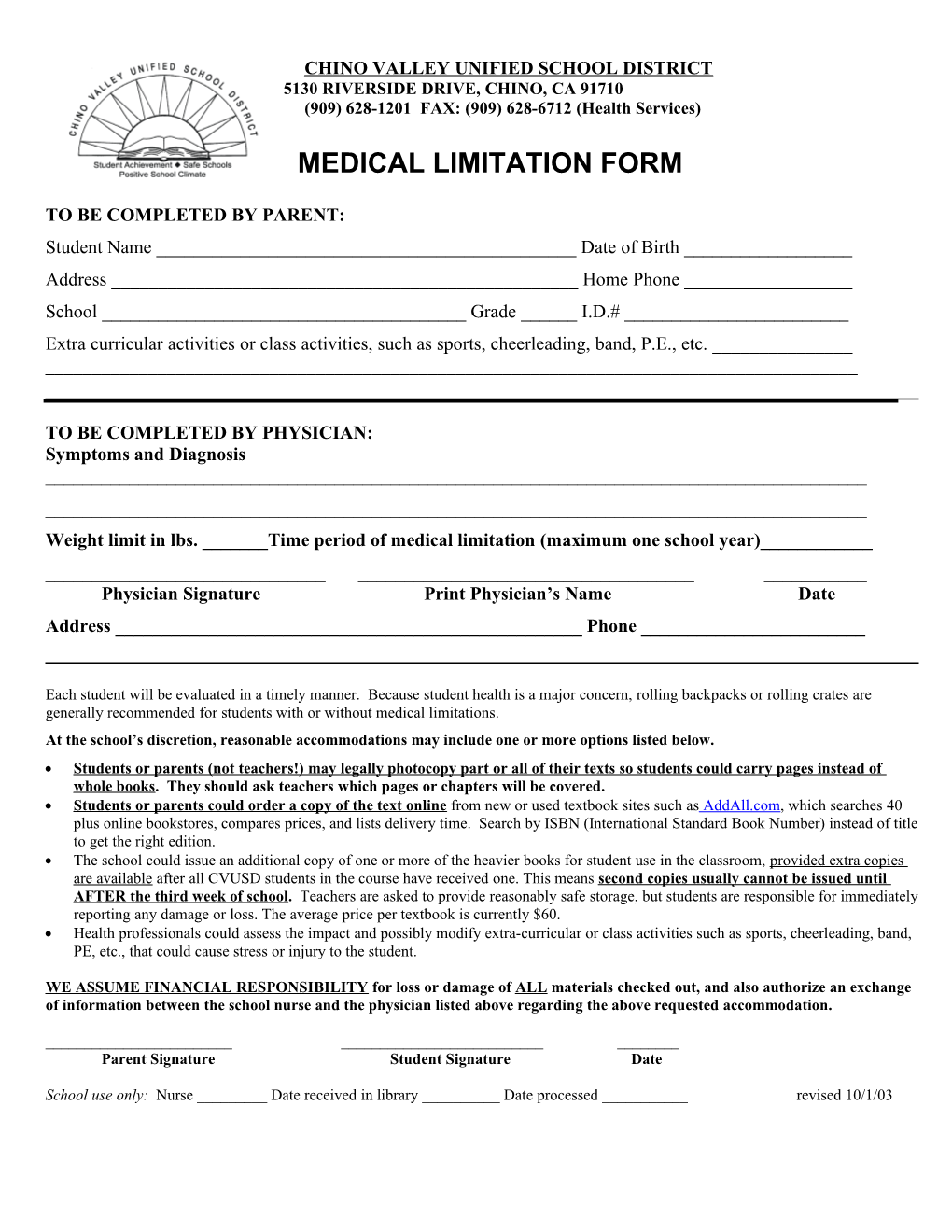 Cvlusd Health Limitation Form