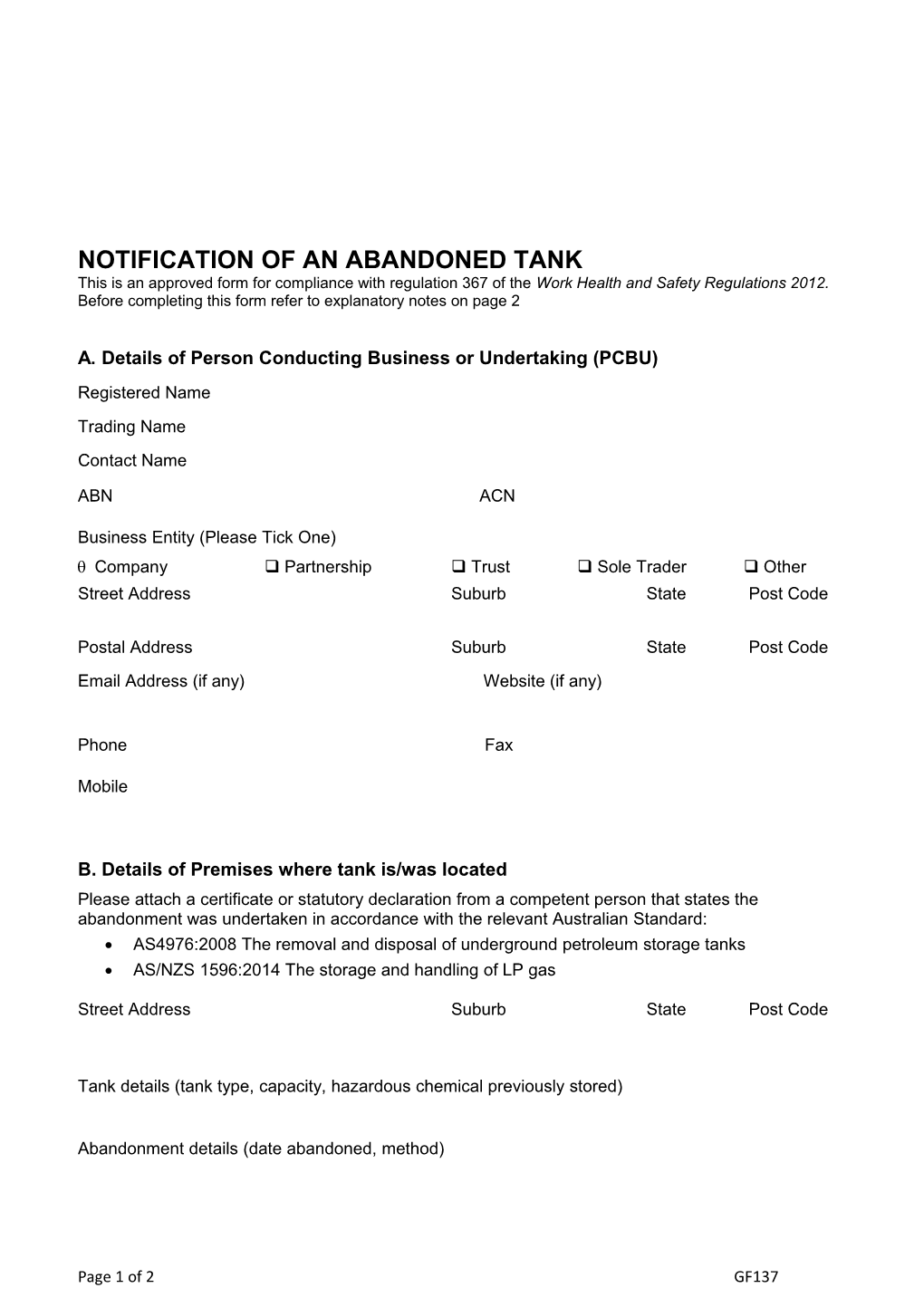 Notification of an Abandoned Tank