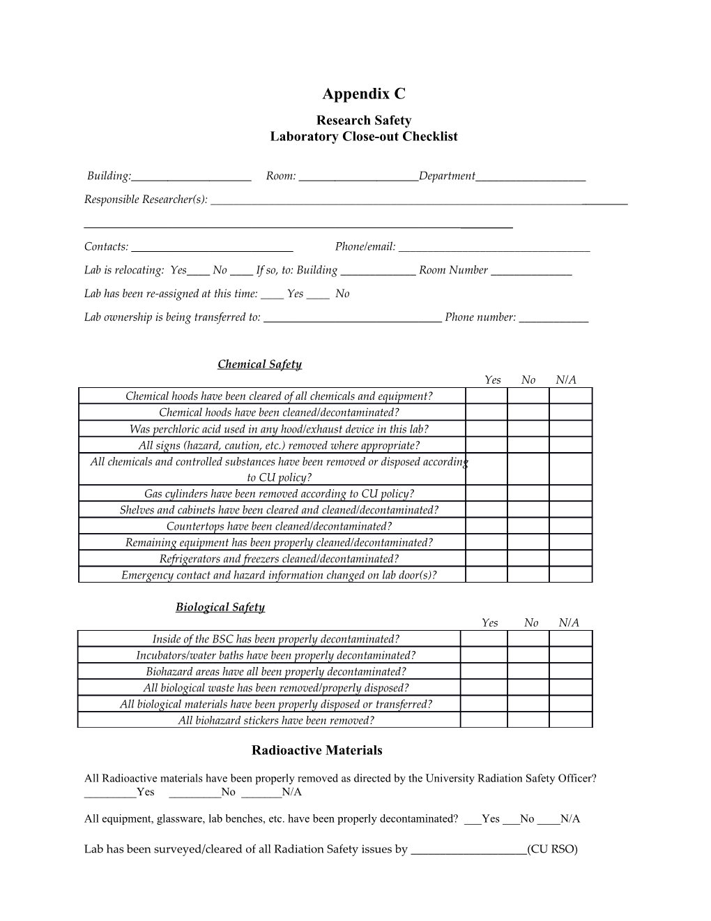 Laboratory Close-Out Checklist