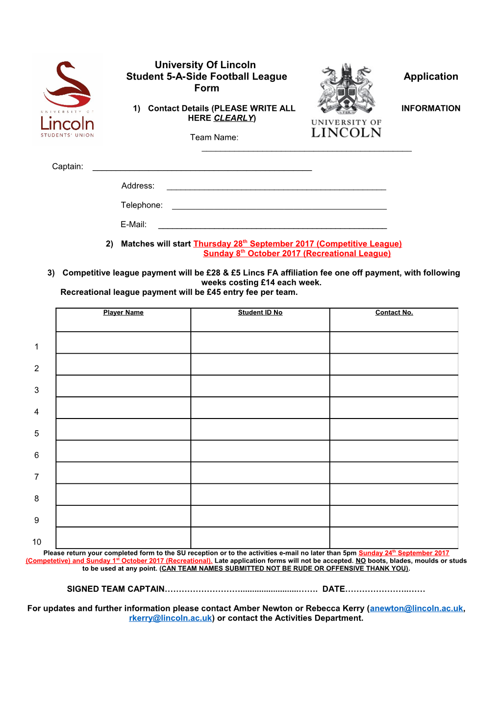 Student 5-A-Side Football League Application Form