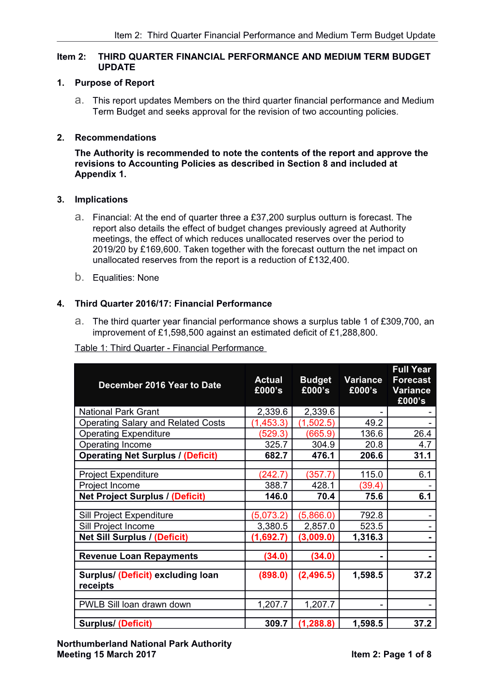 Item2: THIRD QUARTER FINANCIAL PERFORMANCE and MEDIUM TERM BUDGET UPDATE