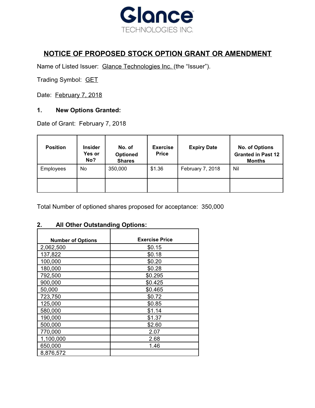 CSE Form 11 - Notice of Stock Option Grant- Glance - September 26, 2017