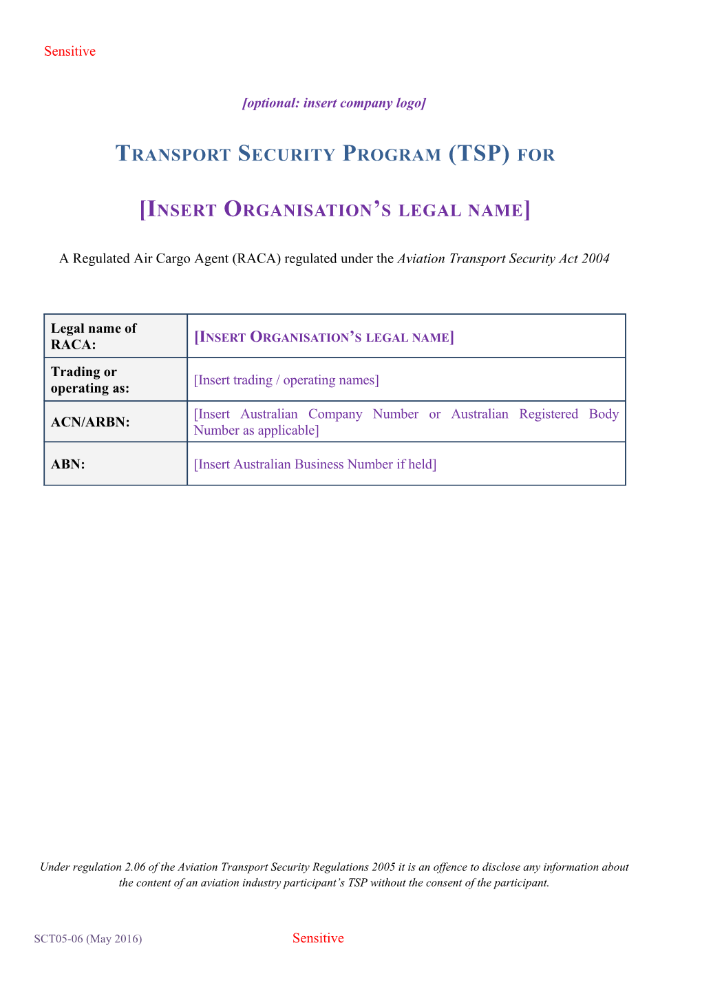 Template (Unscreened Airport Operators): Developing a TSP