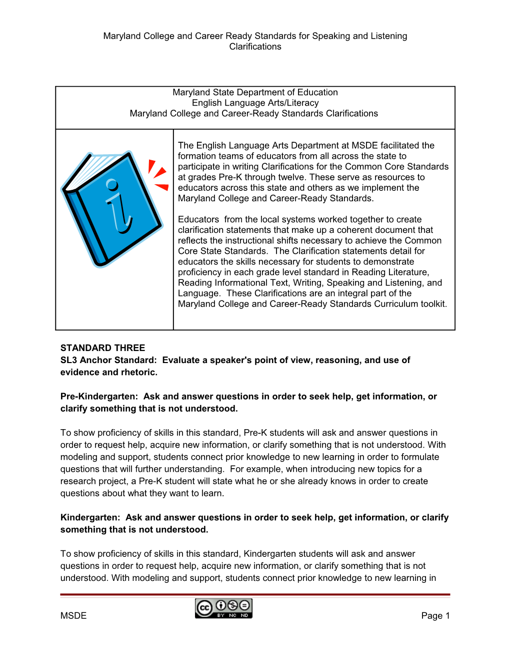 Maryland College and Career Ready Standards for Speaking and Listening