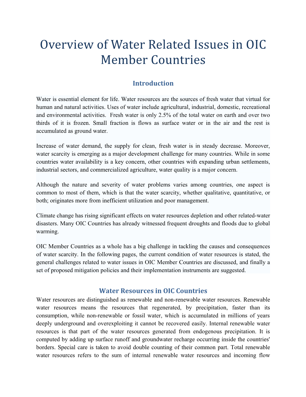 Overview of Water Related Issues in OIC Member Countries