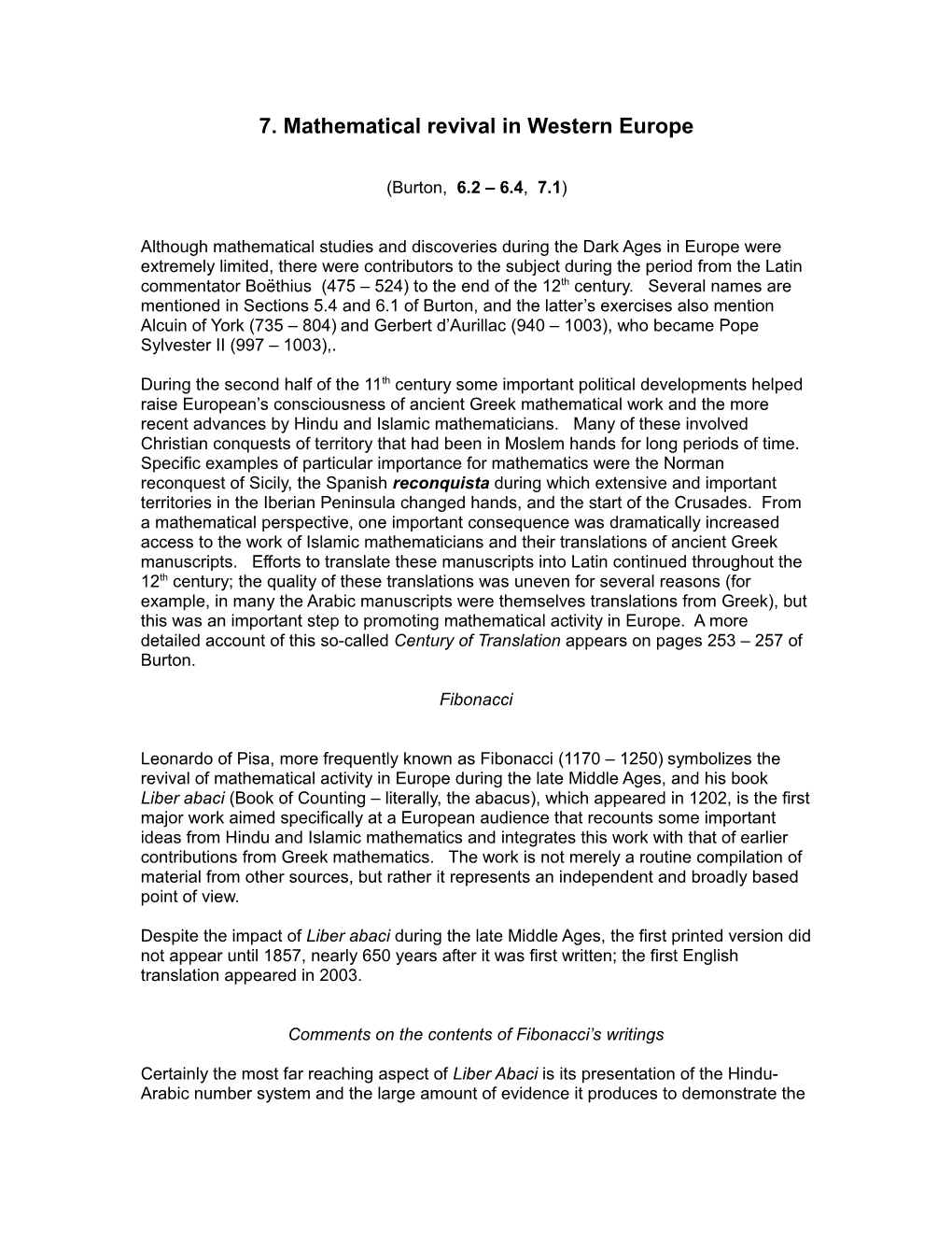 7. Mathematical Revival in Western Europe