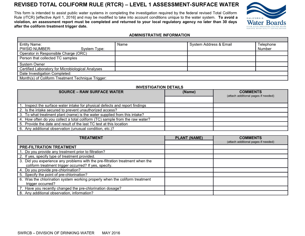 Surface Water Systems - Rtcr Level 1 Assessment