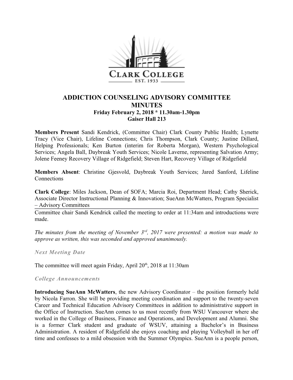 Addiction Counseling Advisory Committee