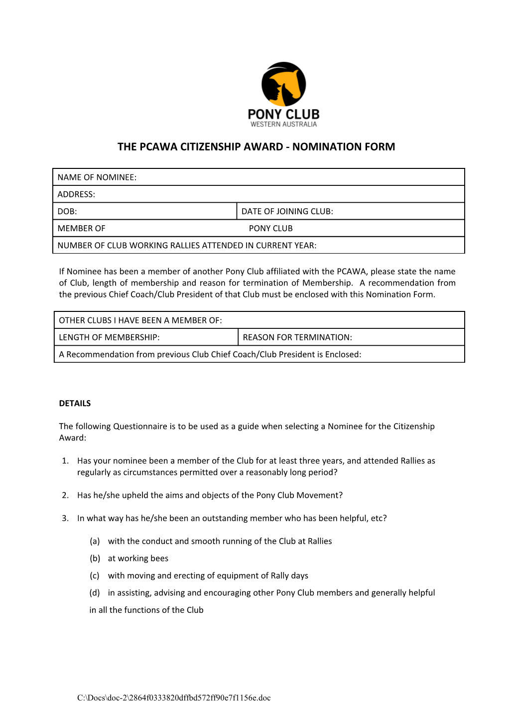 The Pcawa Citizenship Award - Nomination Form