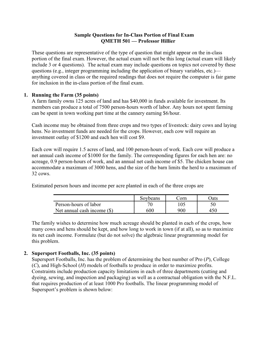 Sample Questions for In-Class Portion of Final Exam