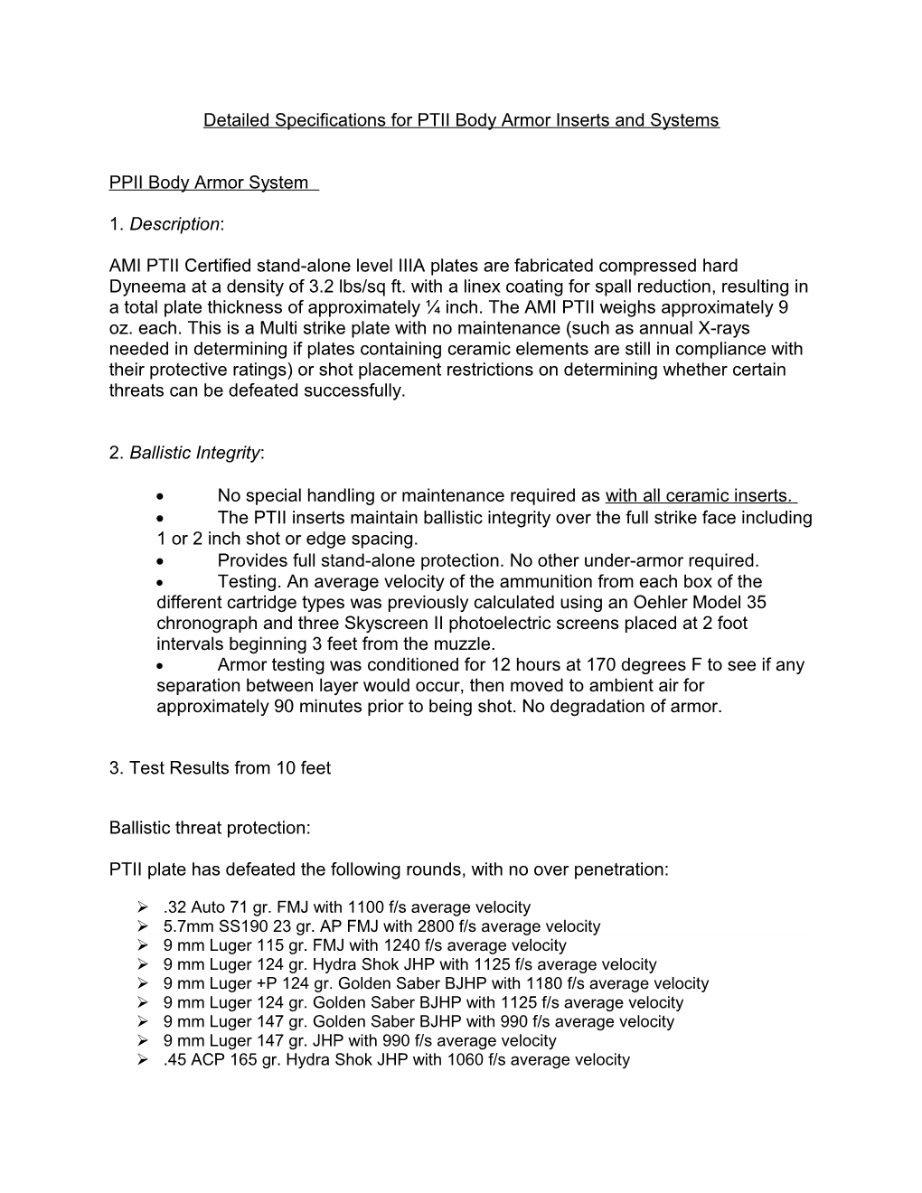 Detailed Specifications for PTII Body Armor Inserts and Systems