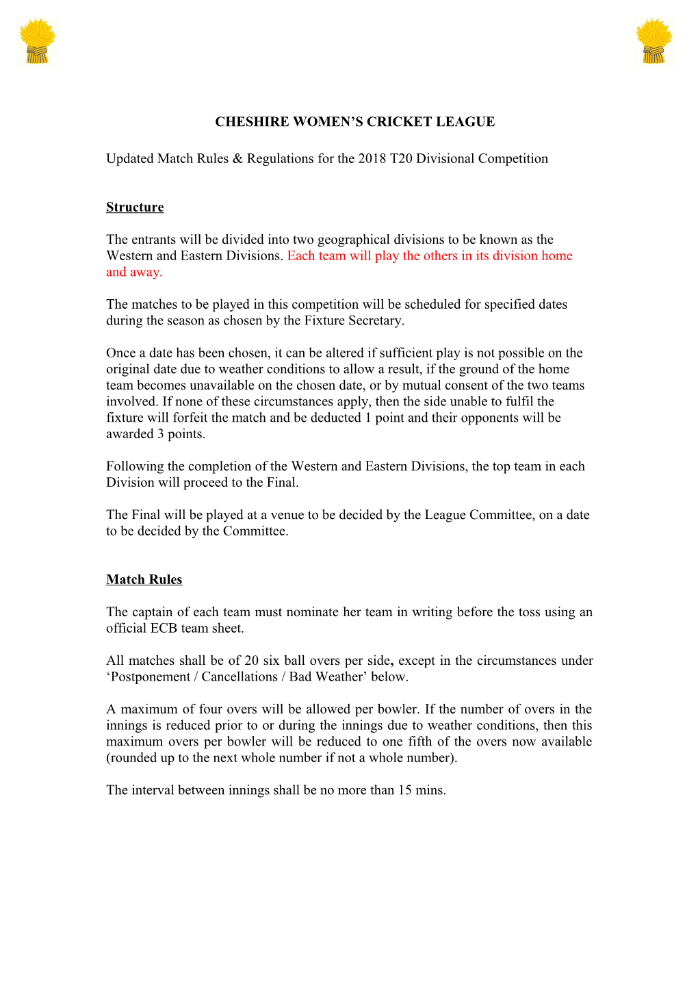 Updated Match Rules & Regulations for the 2018 T20 Divisional Competition