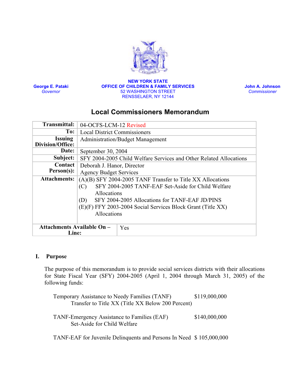 SFY 2004-2005 Child Welfare Services and Other Related Allocations Revised