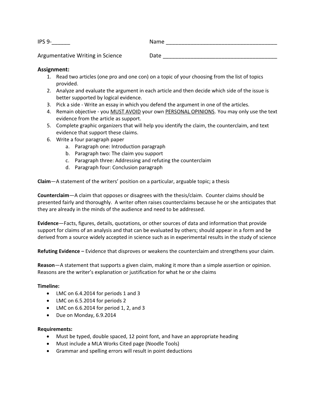 Argumentative Writing in Science Date ______