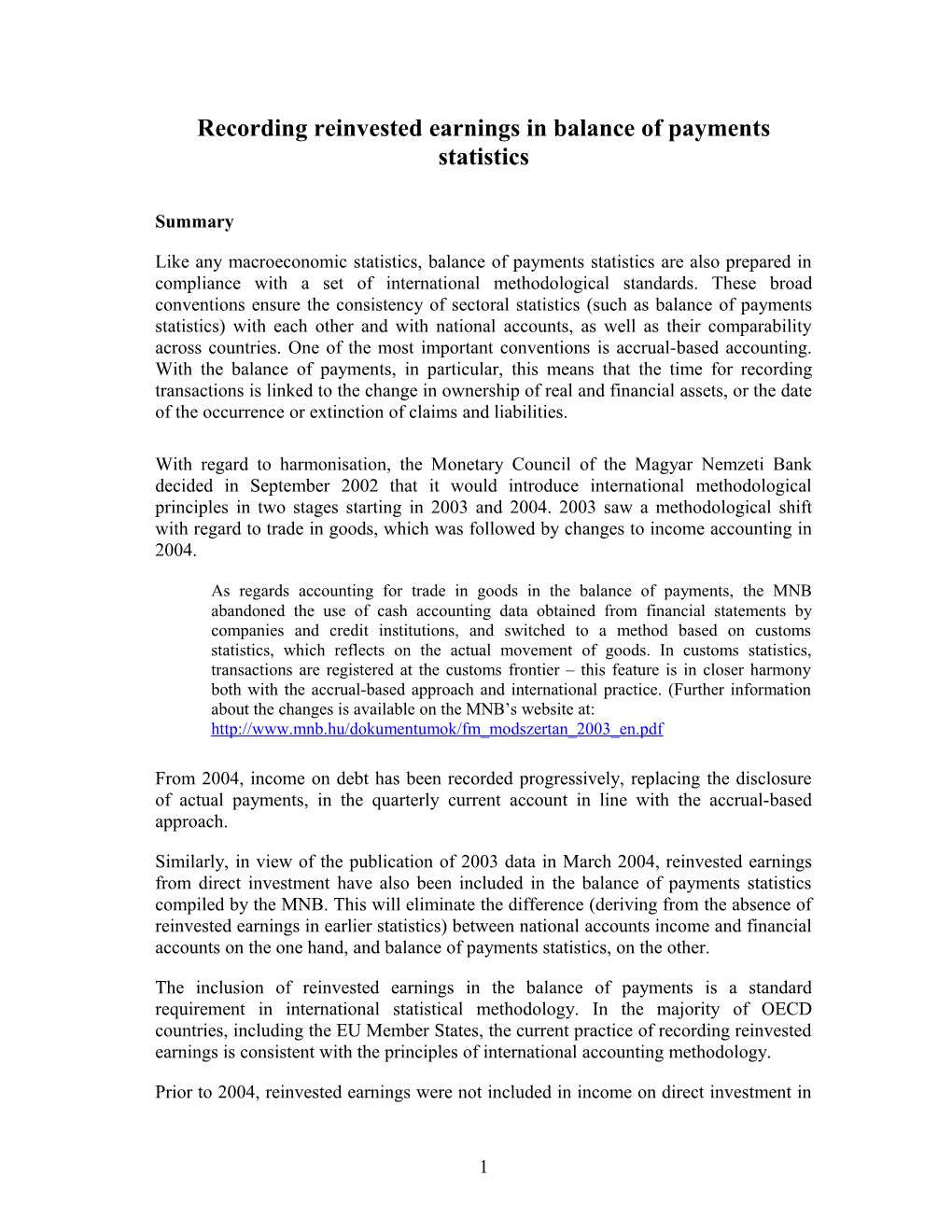 Recording Reinvested Earnings in Balance of Payments Statistics