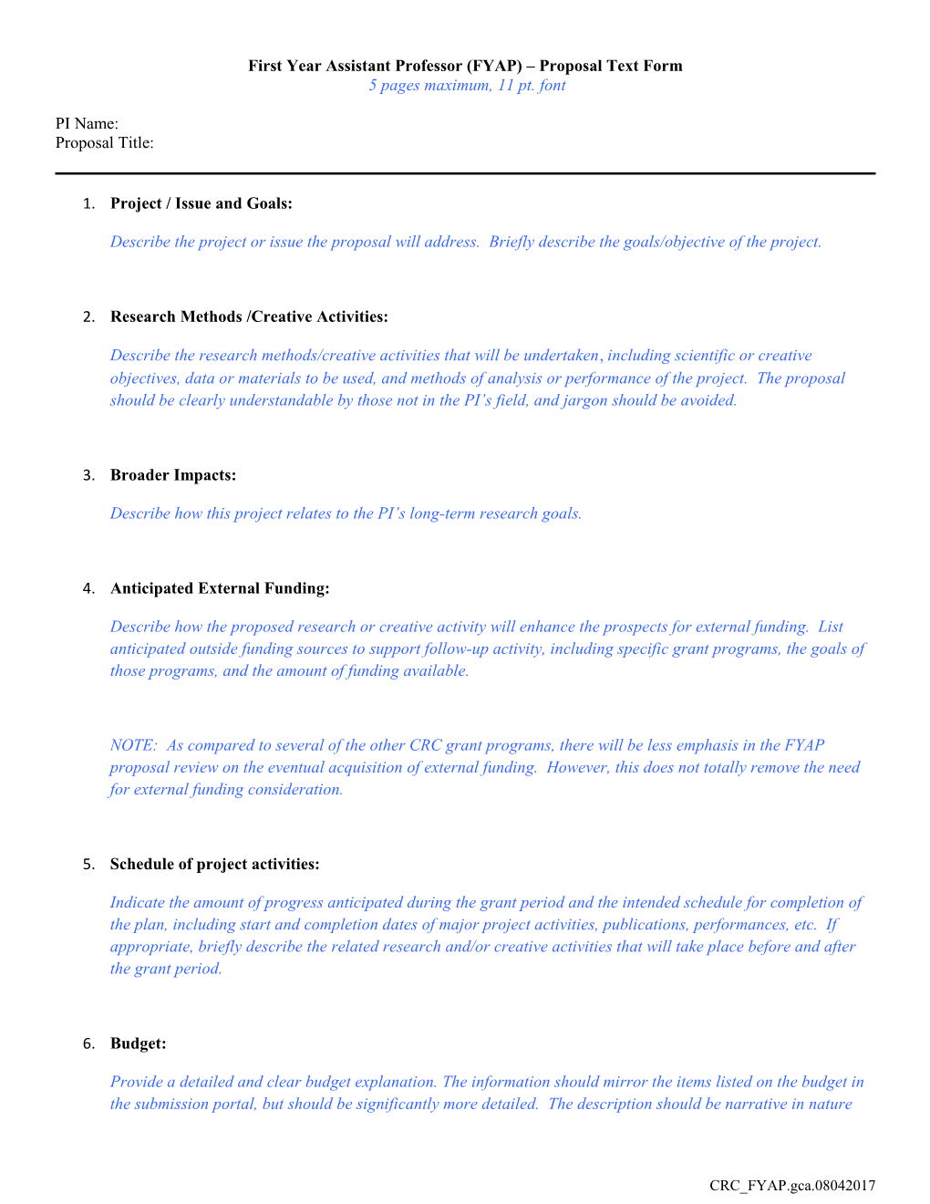 First Year Assistant Professor (FYAP) Proposal Text Form