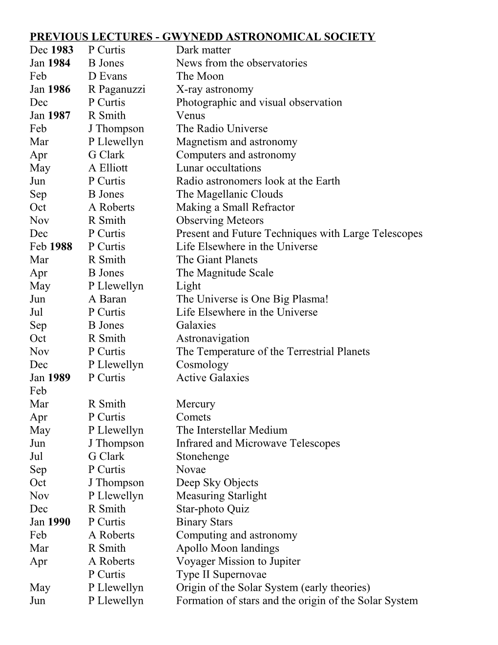 Previous Lectures - Gwynedd Astronomical Society