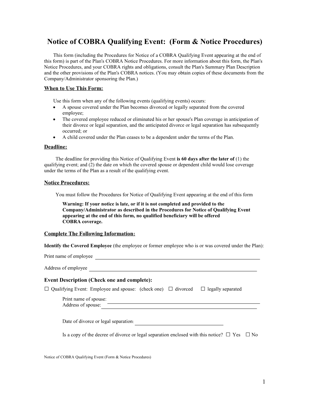 Notice of COBRA Qualifying Event: (Form & Notice Procedures)