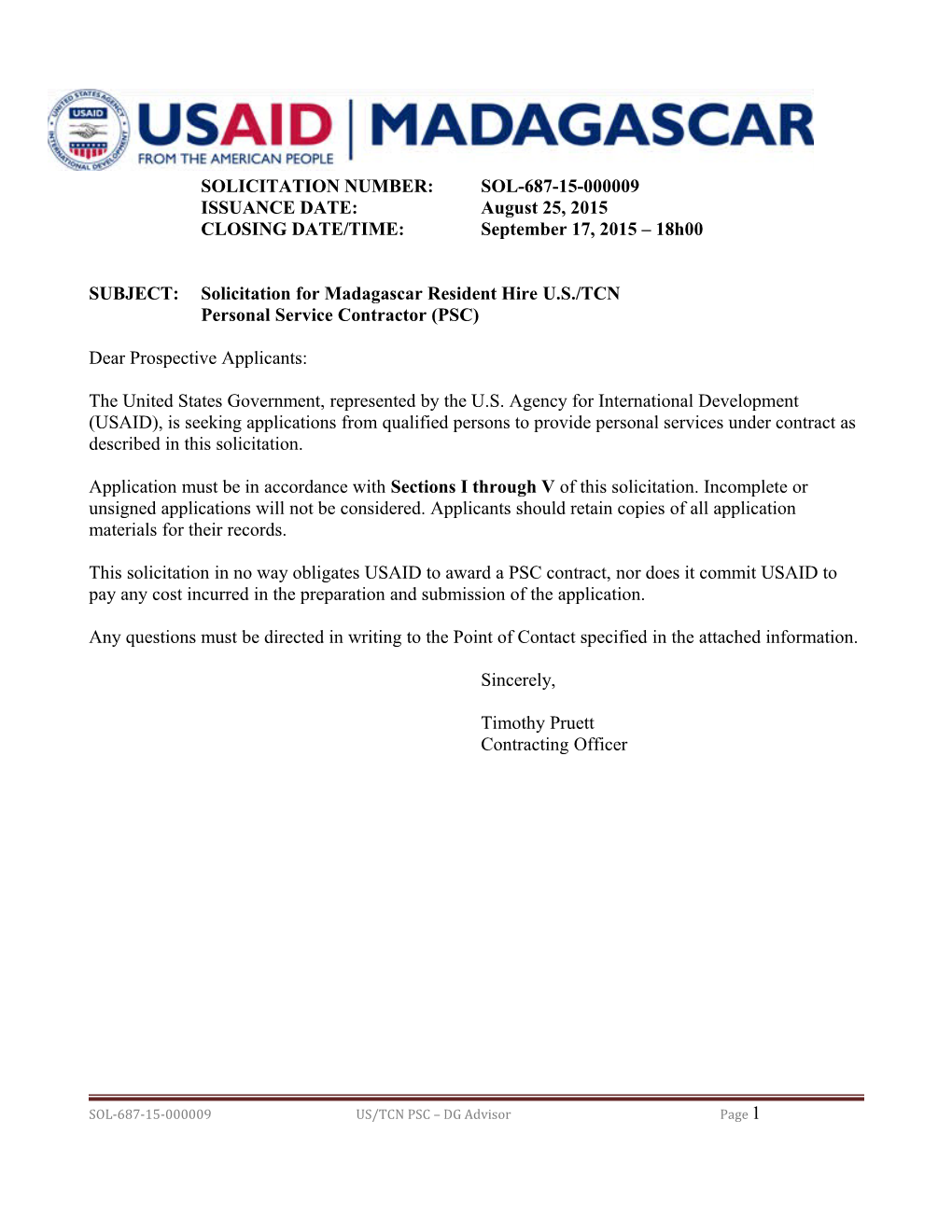 SUBJECT:Solicitation for Madagascar Resident Hire U.S./TCN