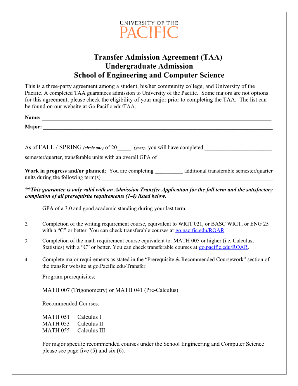 Transfer Admission Agreement (TAA)