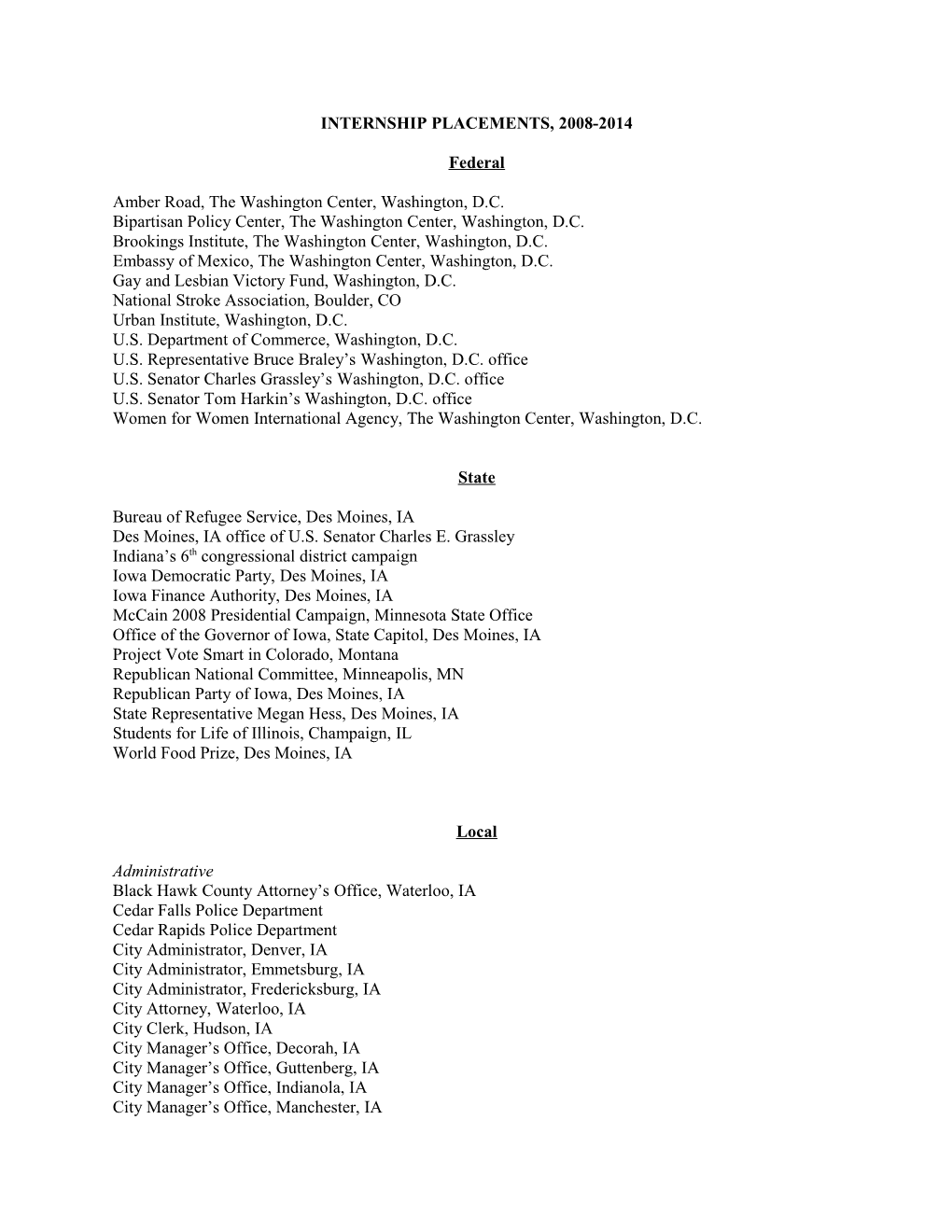 Internship Placements, 2008-2014