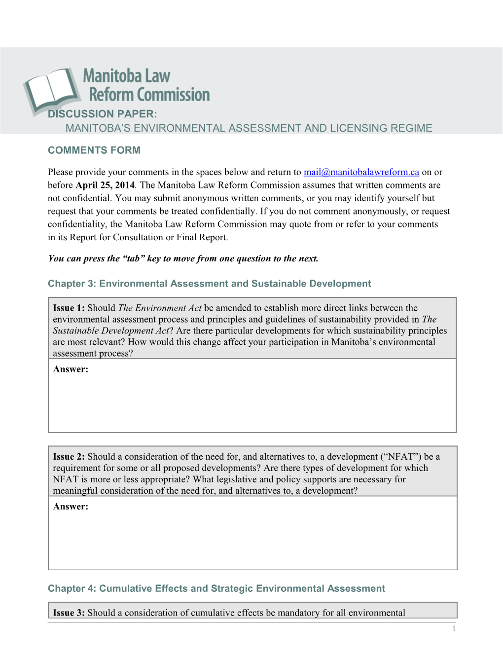 Discussion Paper:Manitoba S Environmental Assessment and Licensing Regime