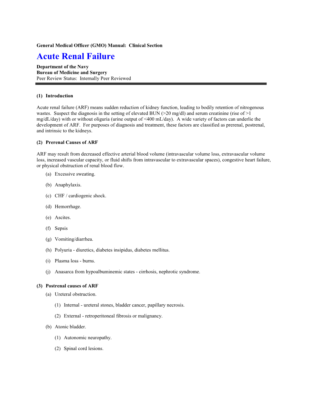 General Medical Officer (GMO) Manual: Acute Renal Failure