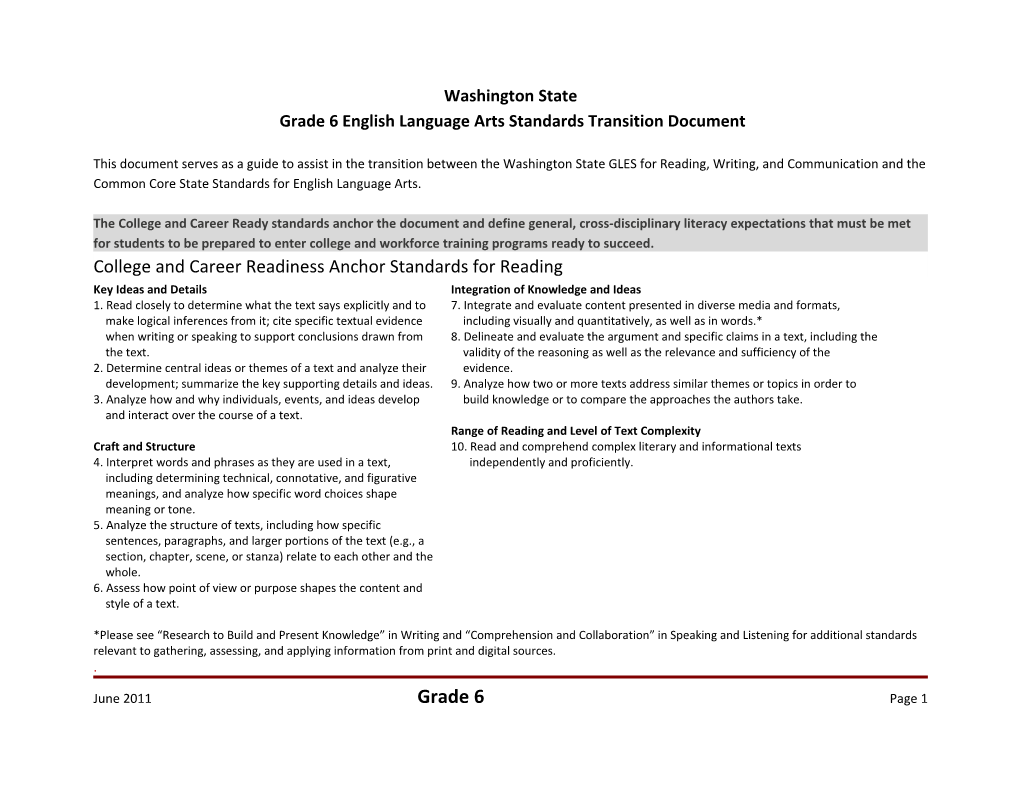 Grade 6 English Language Arts Standards Transition Document