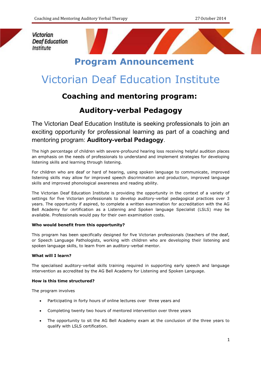 Coaching and Mentoring Auditory Verbal Therapy 27 October 2014