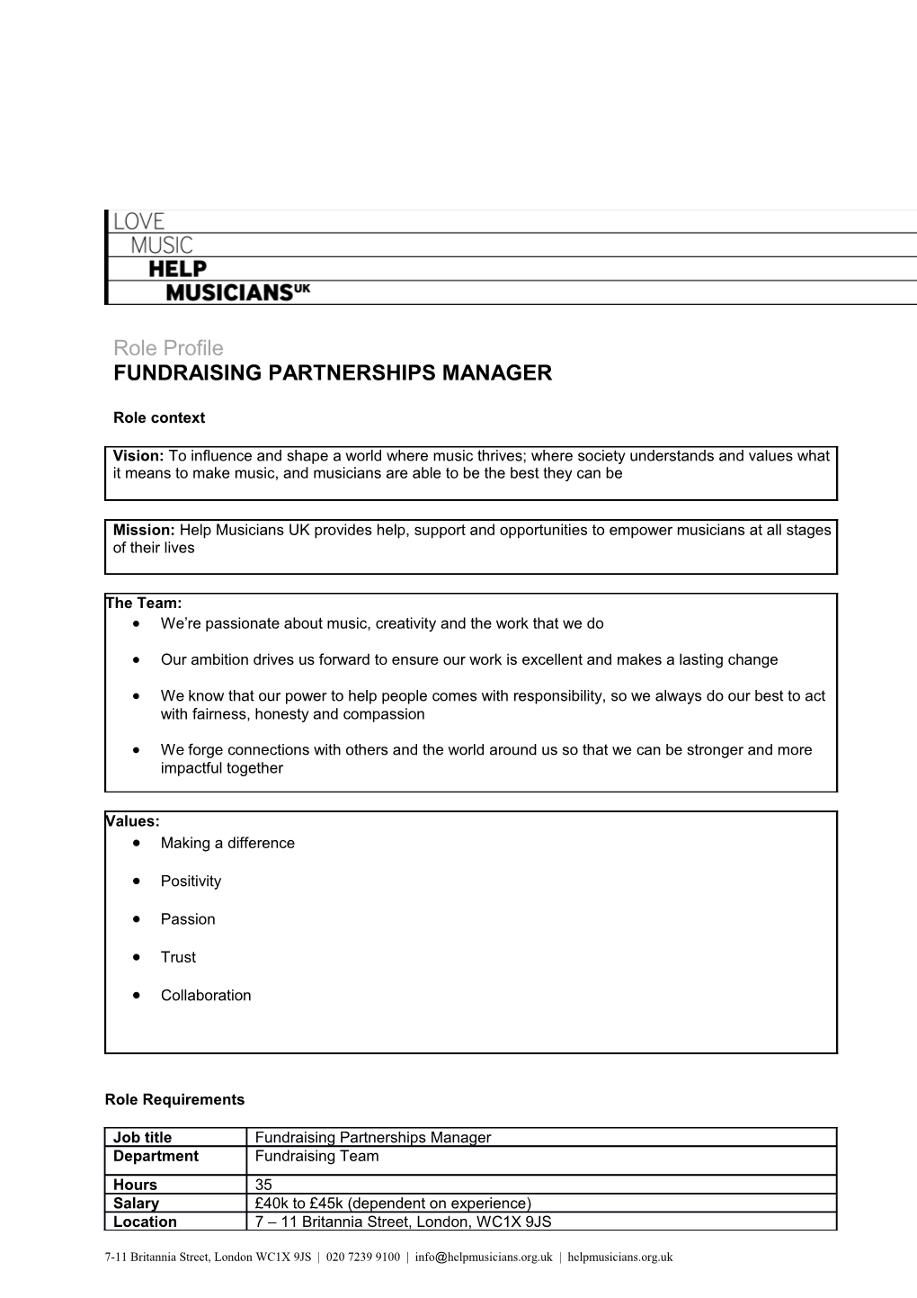 Role Profile FUNDRAISING PARTNERSHIPS MANAGER
